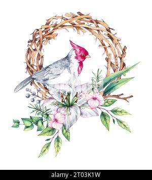 Oiseaux aquarelles avec des fleurs. Oiseau cardinal rouge, bouquets et couronnes sur blanc. Oiseaux et fleurs dessinés à la main isolés. Compositions avec des oiseaux pour ca Banque D'Images