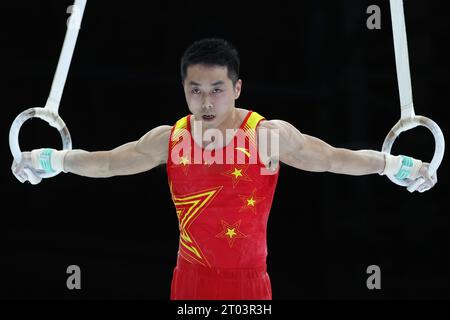 Anvers, Belgique. 3 octobre 2023. You Hao, de Chine, concourt sur les anneaux lors de la finale par équipe masculine aux Championnats du monde de gymnastique artistique 2023 à Anvers, Belgique, le 3 octobre 2023. Crédit : Zhao Dingzhe/Xinhua/Alamy Live News Banque D'Images