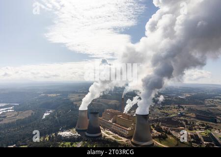 De fortes fumées s'accumulent dans les cheminées de centrales thermiques, créant un contraste entre l'activité industrielle et la beauté du paysage luxuriant de la nature. Banque D'Images