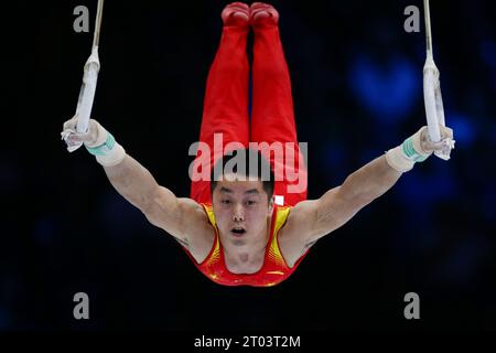 Anvers, Belgique. 3 octobre 2023. You Hao, de Chine, concourt sur les anneaux lors de la finale par équipe masculine aux Championnats du monde de gymnastique artistique 2023 à Anvers, Belgique, le 3 octobre 2023. Crédit : Zheng Huansong/Xinhua/Alamy Live News Banque D'Images