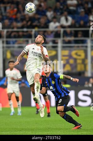 Milan, Italie. 3 octobre 2023. Lautaro Martinez (à droite) de l'Inter Milan défie l'Otamendi de Nicol¨¢de Benfica lors du match du Groupe D de l'UEFA Champions League entre l'Inter Milan et Benfica à Milan, Italie, le 3 octobre 2023. Crédit : Federico Tardito/Xinhua/Alamy Live News Banque D'Images