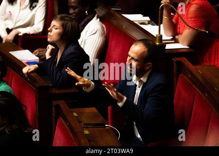 Paris, France. 03 octobre 2023. Manuel Bompard, député de la France Insoumise (NUPES), vu lors des questions à la session gouvernementale. Séance hebdomadaire de questions au gouvernement français à l'Assemblée nationale au Palais Bourbon, à Paris. Crédit : SOPA Images Limited/Alamy Live News Banque D'Images