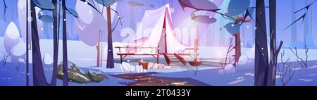 Camping d'hiver dans tente sur patio en bois dans la forêt. Paysage de vecteur de dessin animé de bois avec cabane ou cabane couverte de neige. Vacances en plein air de saison froide et loisirs dans le camping parmi les arbres. Illustration de Vecteur
