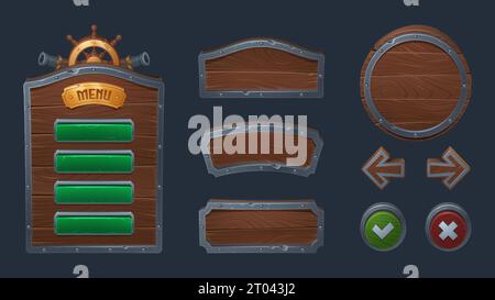 Cadre de jeu ui pirate en bois et vecteur de bouton de plateau. Interface de menu de texture en bois avec flèche, panneau et forme de panneau 2D. Planche web ronde en métal pour application mobile médiévale. Kit de plaques fantaisie marron Illustration de Vecteur