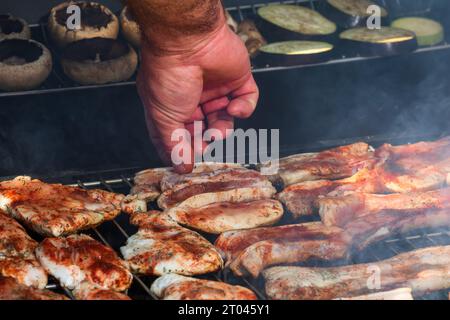 Assortiment délicieux et savoureux de viandes grillées avec légumes cuits barbecue au charbon de bois Banque D'Images