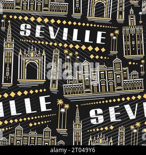 Vector Seville Seamless Pattern, répétition carrée de fond avec illustration du célèbre paysage européen de la ville de séville sur fond sombre pour le linge de lit, de Illustration de Vecteur