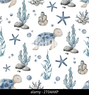 Modèle marin sans couture animaux marins, plantes, coquillage, étoiles de mer, coraux marins, algues marines. Fond aquarelle dessiné à la main de poissons de mer pour Banque D'Images