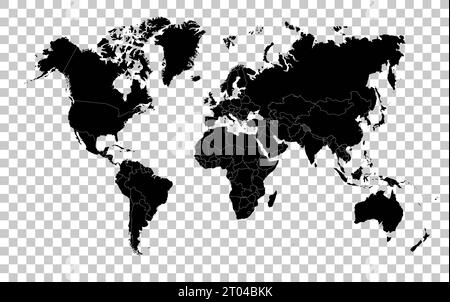 Hi Detail Black Vector Political World Map illustration sur fond transparent Banque D'Images