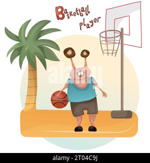 Illustration mignonne de monstre sportif, clip art graphique de joueur de basket-ball, activités éléments clipart Banque D'Images