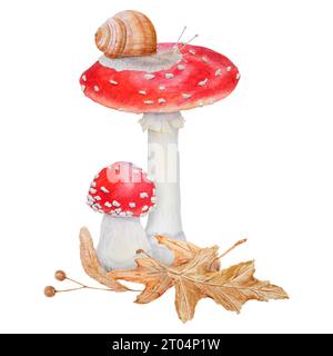 Agaric de mouche rouge, feuilles séchées, graines de tilleul, escargot. Aquarelle illustration botanique réaliste dessinée à la main avec des champignons Amanita muscaria pour ECO Banque D'Images