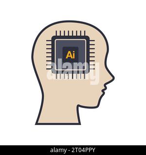 Puce de processeur IA dans la tête humanoïde. machine learning et concept de domination de l'esprit cybernétique. illustration vectorielle. Illustration de Vecteur