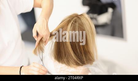 La coiffeuse coupe les cheveux avec des ciseaux dans le salon de coiffure Banque D'Images