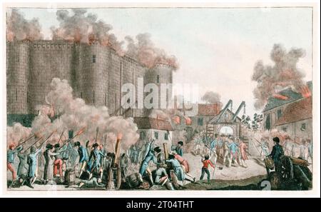 Prise de la Bastille à Paris et arrestation du marquis de Launay, 14 juillet 1789, gravure colorée à la main par Balthasar Anton Dunker, 1789 Banque D'Images