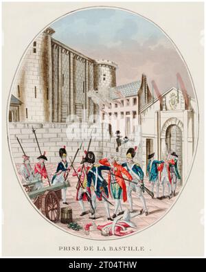 Prise de la Bastille, le 14 juillet 1789. L'arrestation de Bernard René Jourdan, marquis de Launay, gravure colorée à la main par Martial Deny, 1789 Banque D'Images