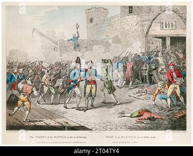 L'arrestation de Bernard René Jourdan, marquis de Launay, à la prise de la Bastille, le 14 juillet 1789, gravure coloriée à la main par John Wells, 1789 Banque D'Images