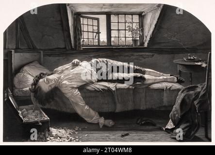 The Death of Chatterton (Thomas Chatterton, 1752-1770), poète anglais, gravure à la mezzotinte de Thomas Oldham Barlow d'après Henry Wallis, 1860 Banque D'Images