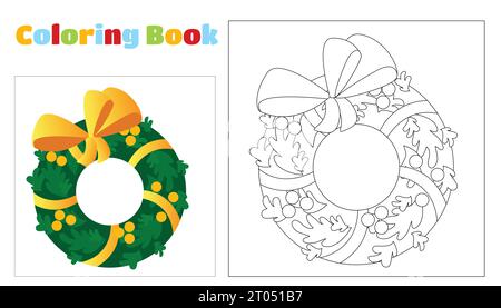 Couronne de Noël décorative colorante. La couronne est décorée de boules, d'un ruban et d'un arc. Coloriage pour les enfants d'âge préscolaire. Illustration de Vecteur