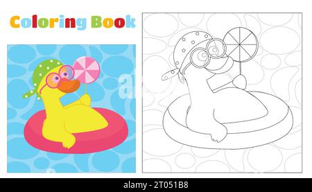 Un canard drôle nage dans une page de coloriage rose gonflable de piscine. Le canard porte des lunettes de soleil roses, un bandana à pois et tient une sucette Illustration de Vecteur