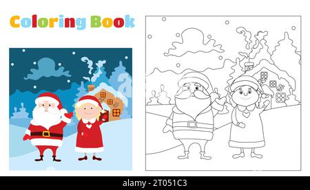 Coloriages le Père Noël et Mme le Père Noël se tiennent devant leur maison et agitent leurs bras. Illustration de Vecteur