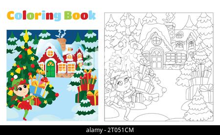 Un petit elfe porte des cadeaux devant la maison du Père Noël. Coloriage de Noël pour les enfants. Page à colorier carrée verticale. Illustration de Vecteur