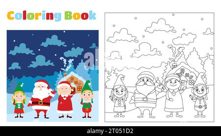 Livre de coloriage de Noël pour enfants et adultes. Un sentiment de célébration et de fun.Santa Claus, Mme Santa et petits jolis elfes. Illustration de Vecteur