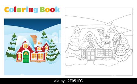 Livre de coloriage de Noël pour enfants et adultes. Maison du Père Noël sur un fond enneigé. Près de la maison, ils ont mangé dans la neige et il neige. Humeur de c Illustration de Vecteur