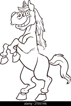 Cheval de dessin animé debout sur la page de coloriage de deux jambes pour les enfants Banque D'Images