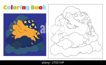 Livre de coloriage pour les enfants mignon soleil dans un bonnet de nuit dort sur un nuage parmi les étoiles et les nuages. Pages à colorier pour la maternelle ou l'école primaire. Illustration de Vecteur