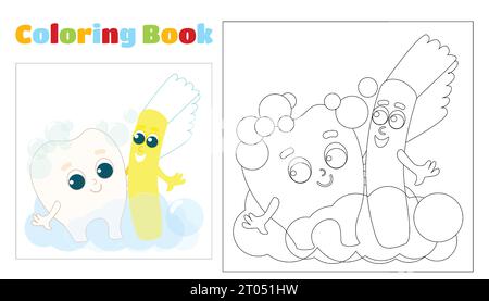 Coloriage. Dent drôle et brosse à dents dans des bulles de dentifrice. La dent est heureuse et souriante. Soins et santé des dents des enfants. Illustration de Vecteur