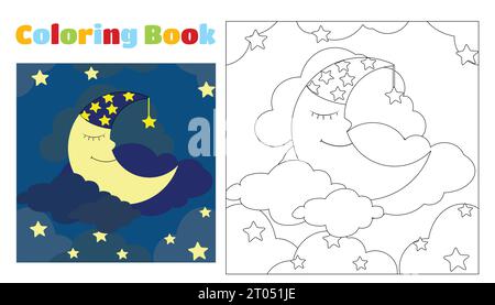 Livre de coloriage pour les enfants mignon lune dans un bonnet de nuit dort sur un nuage parmi les étoiles et les nuages. Pages à colorier pour la maternelle ou l'école primaire. Illustration de Vecteur