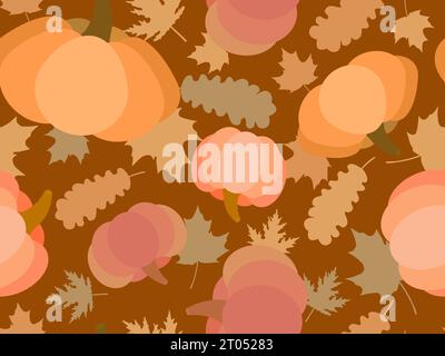 Citrouilles et feuilles motif sans couture. Fond d'automne avec citrouilles, chêne et feuilles d'érable. Conception pour bannières, papier d'emballage et articles promotionnels. Illustration de Vecteur