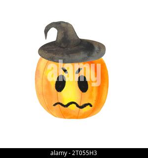 citrouille halloween, citrouille jack, légume d'automne dans le chapeau avec visage sculpté, illustration isolée dessinée à la main par aquarelle Banque D'Images