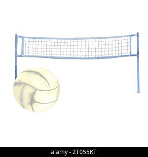 ballon de volley-ball, filet de volley-ball, illustration de sport aquarelle Banque D'Images