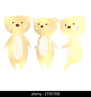 ours dans différentes poses, l'ourson est droit, en trois quarts, l'ourson est assis, un charmant personnage de dessin animé dessiné par des aquarelles par ha Banque D'Images