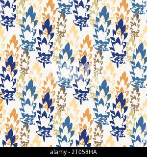 Fond de motif vectoriel sans couture de feuille de style moderne du milieu du siècle. Toile de fond de feuilles mélangées texturales. Effet rayé diagonal. Bleu jaune blanc Illustration de Vecteur
