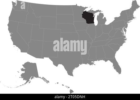 Carte fédérale CMJN noire du WISCONSIN à l'intérieur de la carte politique blanche et grise détaillée des États-Unis d'Amérique sur fond transparent Illustration de Vecteur