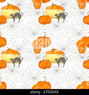 motif halloween avec toile d'araignée et citrouille, festival de récolte d'automne motif aquarelle dessiné à la main Banque D'Images