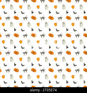 motif halloween, citrouille, fantôme, chat noir, chauve-souris, imprimé sans couture dessiné à la main aquarelle Banque D'Images