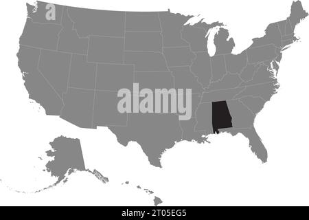 Carte fédérale CMJN noire de l'ALABAMA à l'intérieur de la carte politique blanche grise détaillée des États-Unis d'Amérique sur fond transparent Illustration de Vecteur