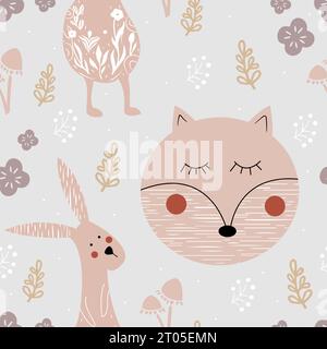 Beau modèle sans couture avec renard mignon, lapin et fleurs. Parfait pour le textile, le tissu, l'impression. Illustration de Vecteur