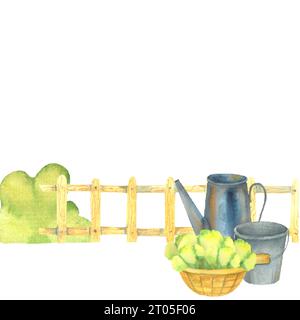 illustration d'une clôture avec un arrosoir et un seau, un buisson de verts, et un panier de laitue, verts, récolte, un tableau isolé peint i Banque D'Images