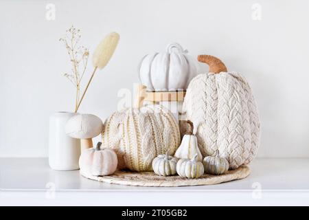 Arrangement de décoration d'automne dans le style Boho avec de fausses citrouilles et des fleurs séchées Banque D'Images