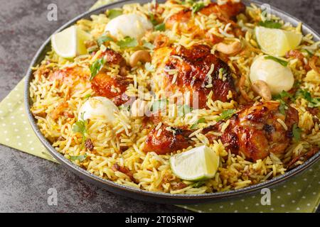 Poulet épicé pulao, polao, biryani, mandi, kacchi avec œuf closeup sur la plaque sur la table. Horizontal Banque D'Images