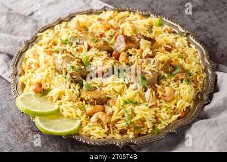 Chaud délicieux Kacchi Biryani avec des noix, des raisins secs, oignons frits closeup sur la plaque sur la table. Horizontal Banque D'Images