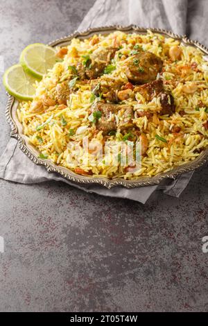 Kacchi Mutton Biryani est un délicieux plat de riz où les morceaux de viande d'agneau tendres sont marinés avec beaucoup de gros plan épicé sur l'assiette sur la table. Verti Banque D'Images