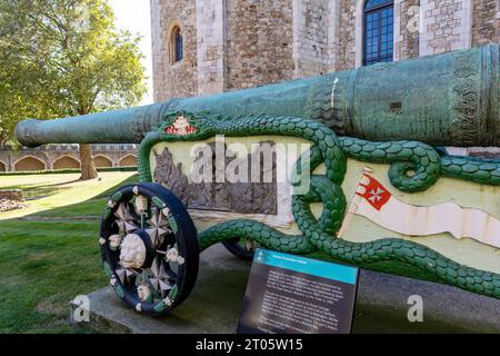 Tower of London Bronze canon de 24 livres commandé par l'ordre de Saint-Jean en 1607 avec canon flamand, décorations héraldiques, Londres, Royaume-Uni Banque D'Images