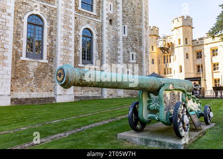 Tower of London Bronze canon de 24 livres commandé par l'ordre de Saint-Jean en 1607 avec canon flamand, décorations héraldiques, Londres, Royaume-Uni Banque D'Images