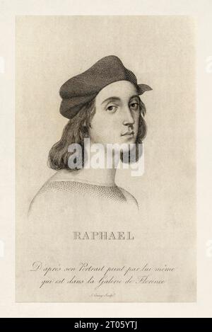 Autoportrait de Raphaël gravé par Joseph Coiny d'après un tableau réalisé entre 1504 et 1506 alors qu'il avait environ 23 ans. Banque D'Images