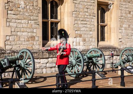 Garde galloise et canons français capturés, service de sentinelle devant la Jewel House, Tour de Londres, Angleterre, Royaume-Uni, journée chaude ensoleillée Banque D'Images