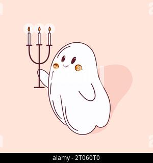 Mignon bébé fantôme va avec un chandelier. Trick ou Treat. Nuit, étoiles. En couleurs roses. Mignon personnage de dessin animé pour enfants. Dans le style gribouiller. Pour les affiches, Illustration de Vecteur
